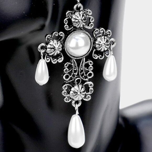 Cross Pearl Dangle Earrings  - Picture 2 of 5
